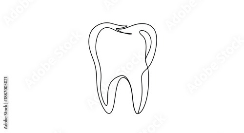 Minimalist illustration of a human tooth with roots drawn in a single continuous black line on a white background.