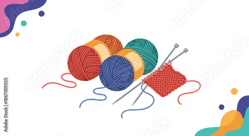Colorful balls of wool yarn with knitting needles and a started project on a white background with abstract shapes.
