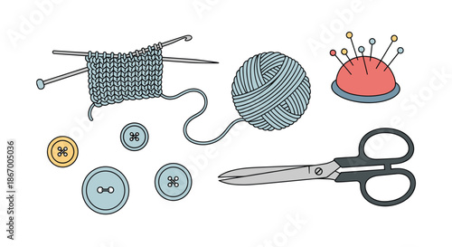 Hand-drawn collection of knitting and sewing supplies including yarn scissors buttons and a pincushion on white background.