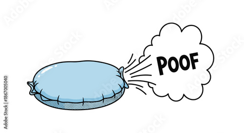 Cartoon illustration of a blue whoopee cushion deflating with a comic book style POOF sound effect on white background.