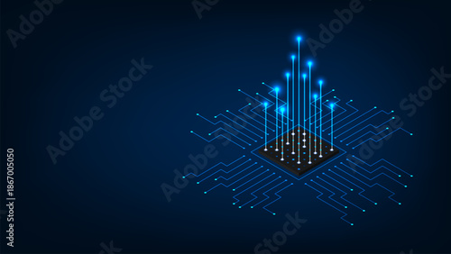 isometric computer processors CPU concept. Abstract circuit board technology background.