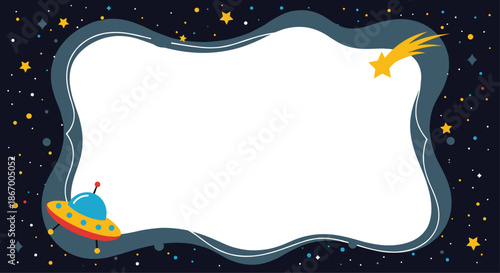 Cute kids space-themed frame with a starry night background a UFO and a shooting star for photos or text invitation.