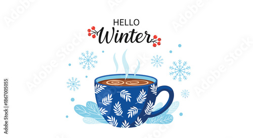 Hello Winter greeting card design with a steaming mug of hot chocolate surrounded by blue snowflakes and red berries.