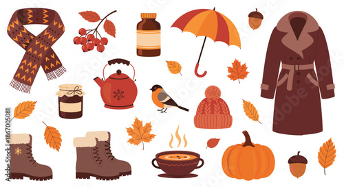 Large collection of cute autumn season icons including warm clothes food and nature elements isolated on white background.
