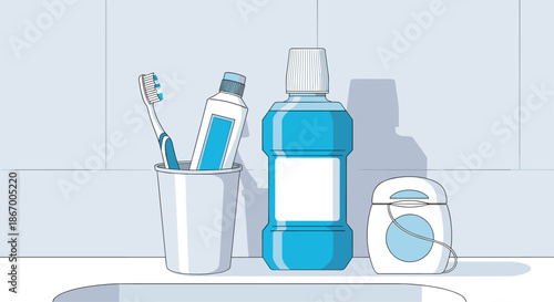 Dental hygiene and oral care products including a toothbrush toothpaste mouthwash and floss on a bathroom counter.