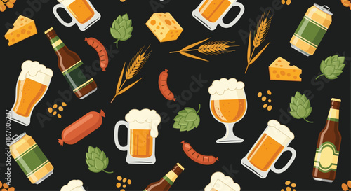 Seamless pattern for Oktoberfest with beer mugs bottles hops wheat and snacks on a dark background vector illustration.