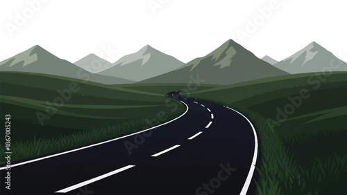 A winding road leads to majestic mountains in a serene landscape illustration