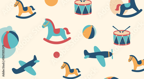 Seamless background pattern with classic children's toys including rocking horses airplanes drums and balls for a nursery.