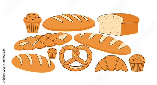 Assortment of fresh bakery products and bread including a loaf baguette croissant and pretzel isolated on white.