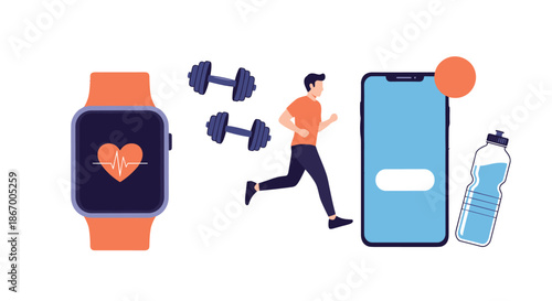 Fitness and technology concept with a running man smartwatch with heart rate monitor dumbbells and a modern smartphone.