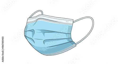 Illustration of a blue disposable medical face mask for protection against viruses and bacteria on a white background.