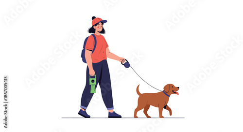 Young woman in a cap and backpack walking her happy brown dog on a leash in a modern flat vector illustration style.