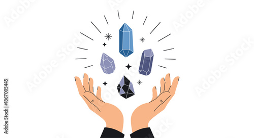 Two hands holding magical levitating healing crystals and gems in a mystical and esoteric vector flat illustration.