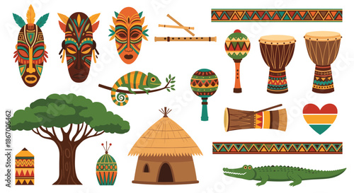 Set of colorful African and tribal cultural elements including masks drums a hut and animals on a white background.