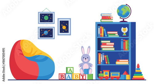 Cozy children's playroom interior with a bookshelf full of books toys a beanbag chair and space-themed wall art.