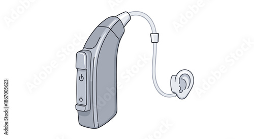Detailed cartoon illustration of a modern behind-the-ear hearing aid device for people with hearing loss or impairment.