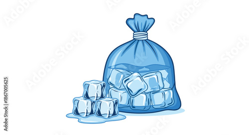 Cartoon illustration of a transparent plastic bag filled with ice cubes with a few cubes melting outside the bag.