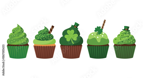 Set of five delicious green cupcakes decorated with sprinkles shamrocks and leprechaun hats for St Patrick's Day.