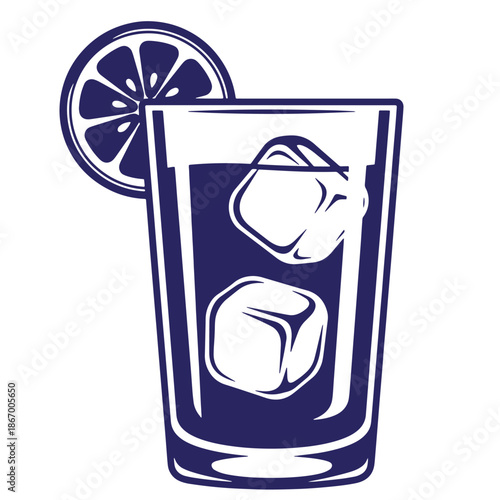 Illustration of a glass of cold drink with ice cubes and lemon slice on the rim