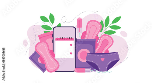 Menstrual cycle and feminine hygiene concept with sanitary pads tampons and underwear next to a period tracker app.