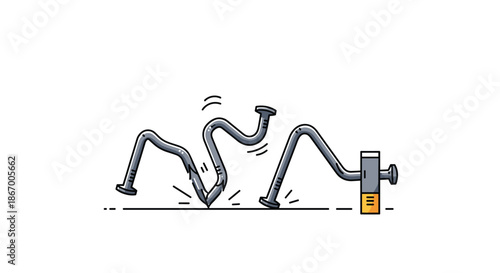 Funny cartoon illustration of a hammer trying to hit a nail but bending and breaking it representing failure or error.