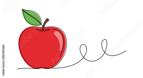 Continuous one-line drawing of a red apple with a green leaf and a curly line in a simple minimalist style.