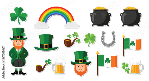 Large sticker set of St Patricks Day symbols including a leprechaun pot of gold rainbow shamrocks and Irish flags.