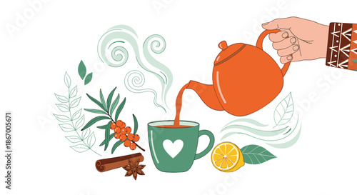 Hand pouring hot healthy tea from a teapot into a mug with ingredients like sea buckthorn lemon and cinnamon around.