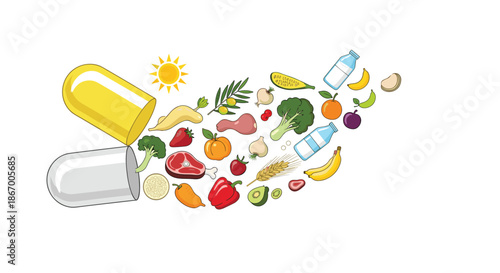 Open supplement capsule releasing a variety of healthy foods like fruits vegetables meat and grains for good nutrition.