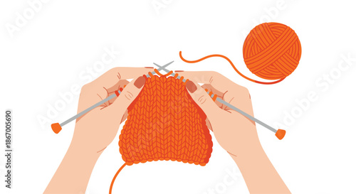 Top view of a person's hands knitting with orange yarn and needles in a vector illustration on a white background.