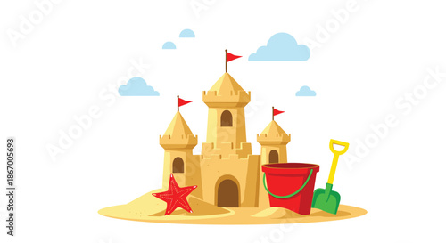 Children's sandcastle with flags on a beach next to a red bucket green shovel and a red starfish on a sunny day.