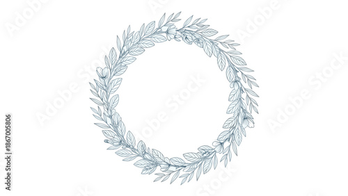 Delicate blue watercolor floral wreath on white background.