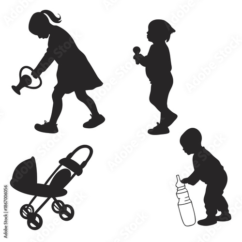 Silhouettes of children with toys