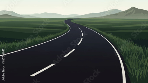 A winding road stretches through a serene green landscape with distant mountains illustration