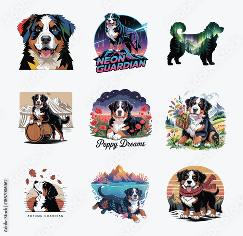 Bernese Mountain Dog illustrations with neon, nature and seasonal themes canine animal