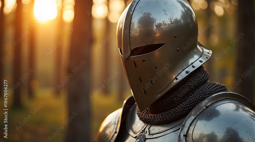 Fototapeta premium A weathered metal knight's helmet (with chainmail collar) is shown in close-up, bathed in warm golden sunset light against a blurred forest background.