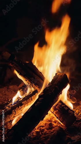 Bright orange flames dance and crackle around glowing embers and logs in a cozy, warm campfire burning intensely in the dark night.