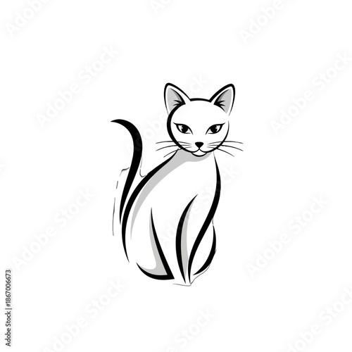 Simple black and white illustration of a cat sitting and looking directly at the viewer.