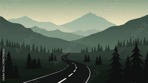 A winding road leads through a serene mountain landscape with pine trees vector illustration