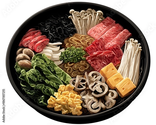 An appetizing hot pot illustration features fresh beef slices, mushrooms, vegetables, noodles, and tofu in a black pot ready for cooking.