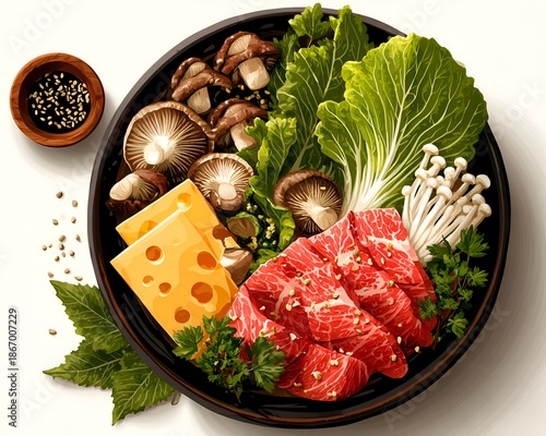 An artistic presentation features thinly sliced beef, fresh lettuce, cheese, and mushrooms in a dark bowl, ready for a delicious Korean BBQ