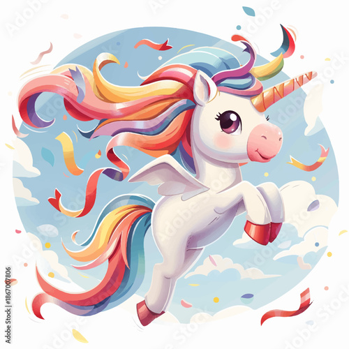 Vector illustration of a magical pony, unicorn, children's card, drawing