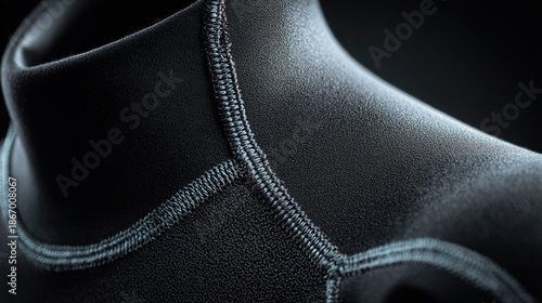 neoprene. Close-up detail of a black wetsuit showing smooth rubber texture and stitching. STEM education sheets, lab safety posters, designed for biotech research communications.