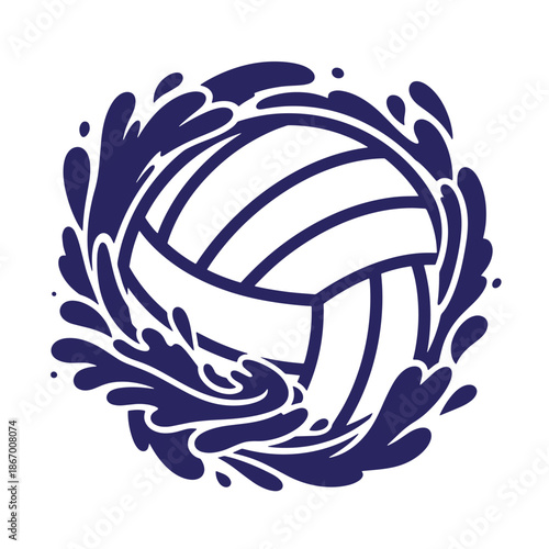 Navy blue volleyball icon with splash of water around it  sports logo design