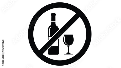 Prohibition symbol featuring a bottle and glass in black silhouette