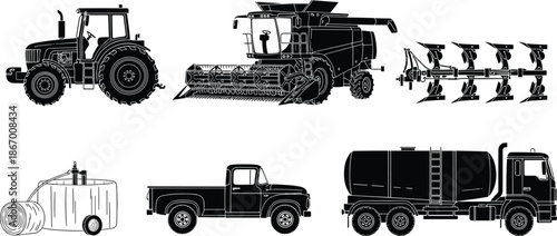 Black and white farming machinery silhouettes, tractor, harvester, plow, water tank, pickup truck, tanker truck, agricultural equipment icons, vector illustration