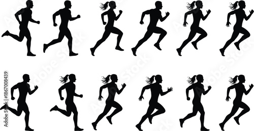 Running silhouette sequence, male female figures, black runners, stride cycle, motion pose, athletic form, white background, sport, fitness, training