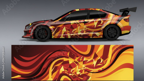 Dynamic abstract car wrap design featuring warm colors and geometric patterns on a sports coupe, with the full decal shown below.