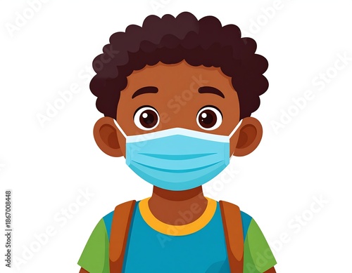 Young African American boy wearing a face mask and a backpack