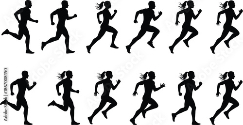 Running silhouette sequence, male female figures, stride cycle, black runners, motion pose, athletic form, white background, fitness, sport, training